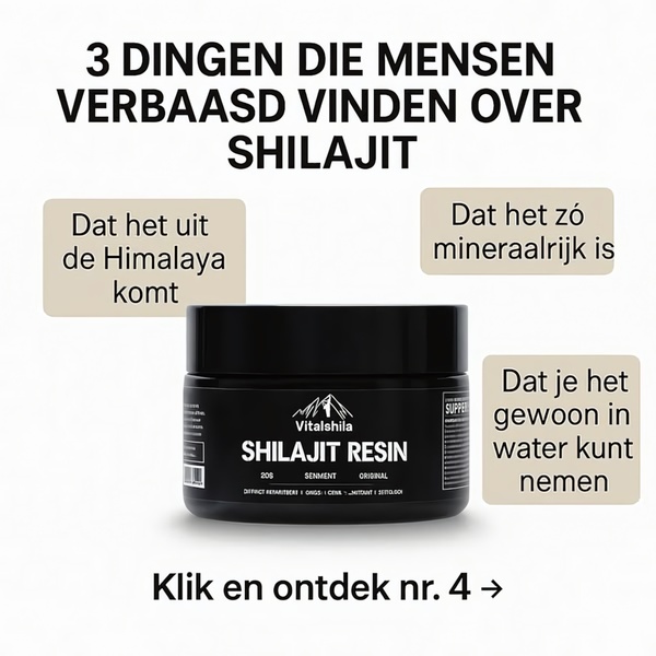 A square 1:1 image advertisement featuring a jar of Shilajit Resin accompanied by a list of three surprising facts, ending with a clear CTA.